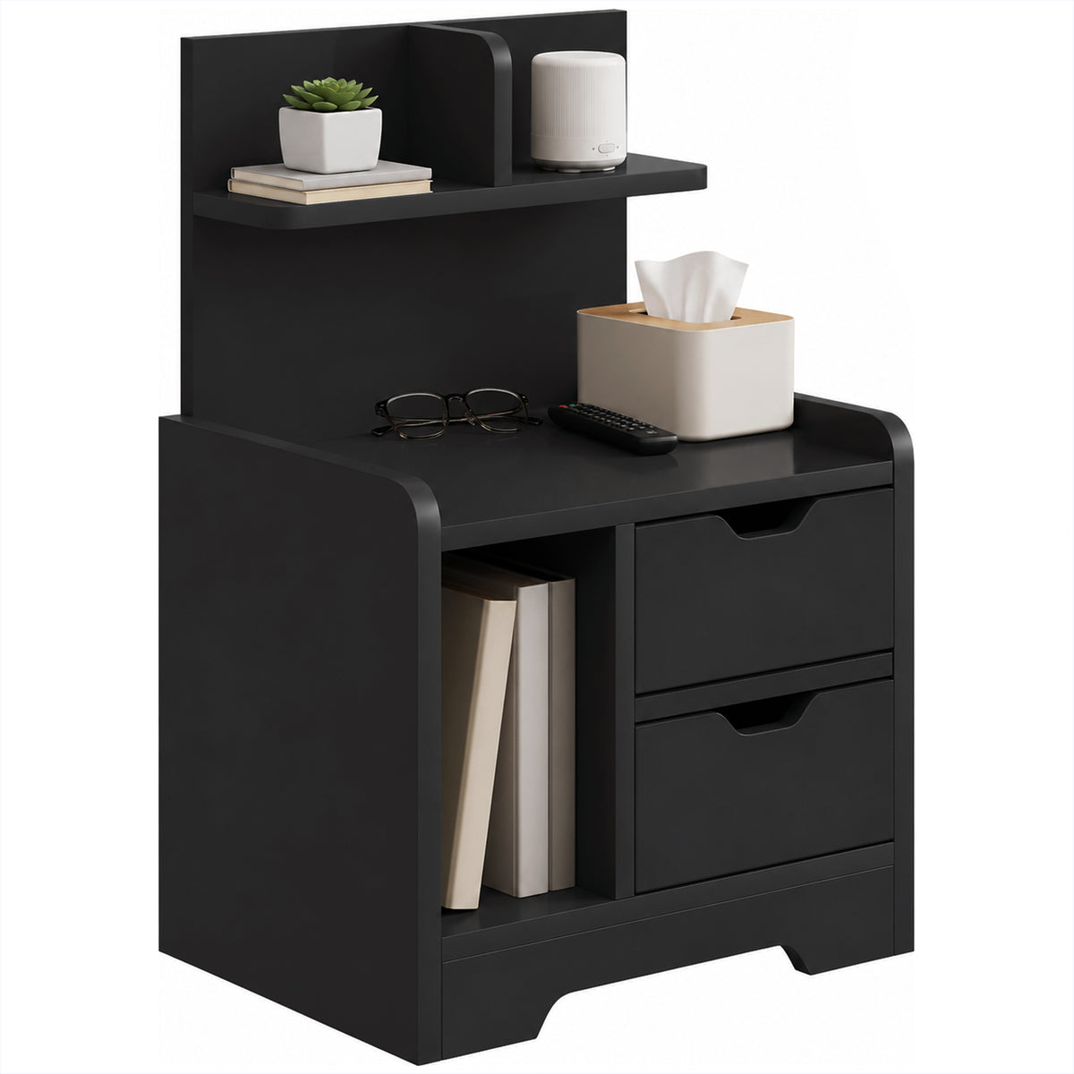 Modern Bedside Table with 2 Drawers and Open Shelves for Bedroom