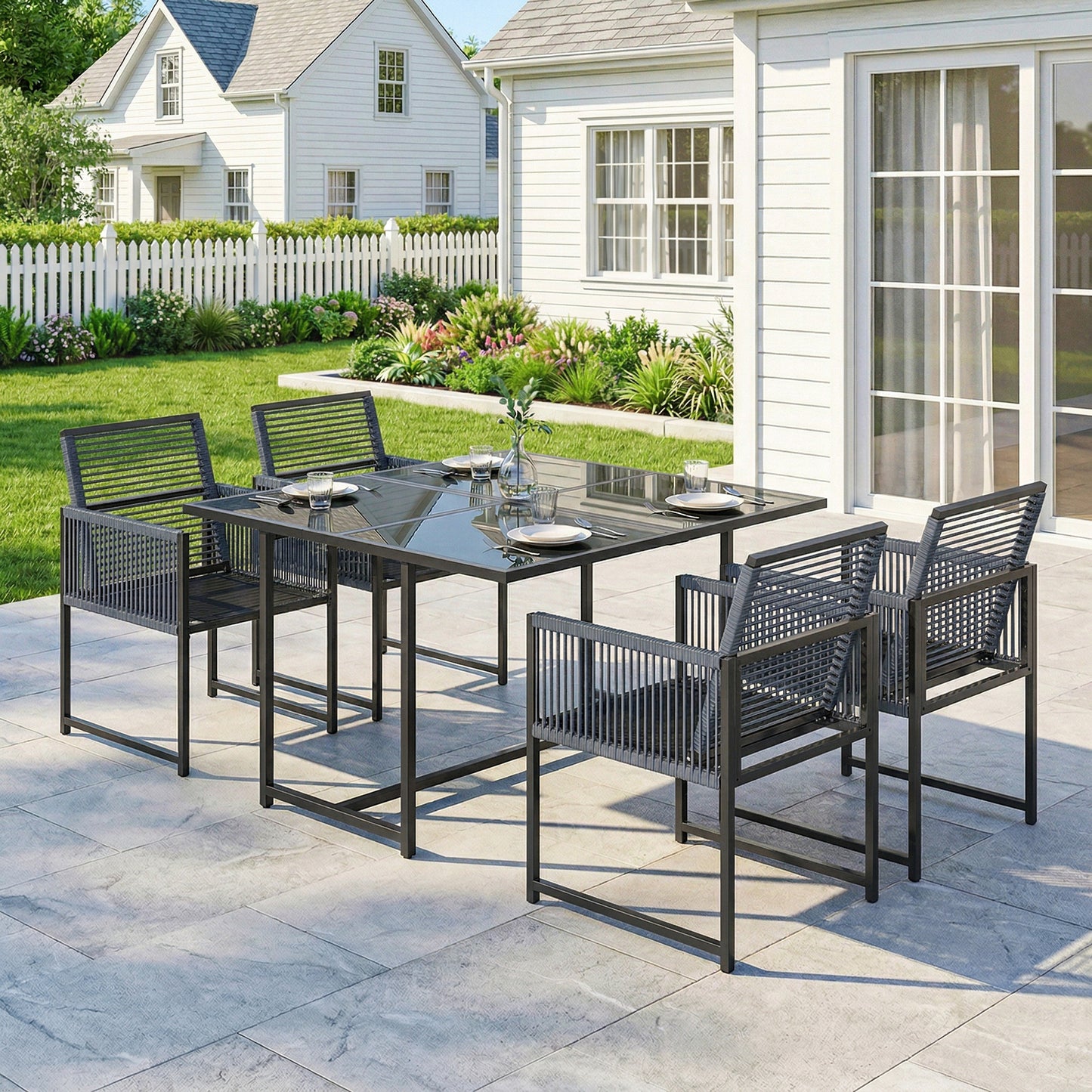 Garden Dining Set, Outdoor Table and Chairs with Foldable Backrest