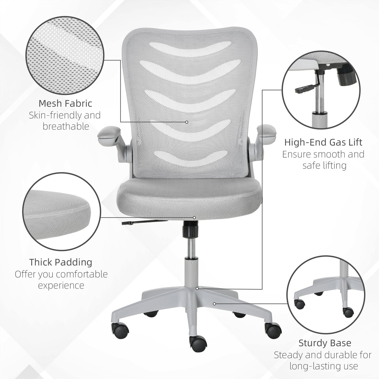 Mesh Office Chair for Home Swivel Task Desk Chair with Lumbar Back Support, Flip-Up Arm, Adjustable Height, Grey