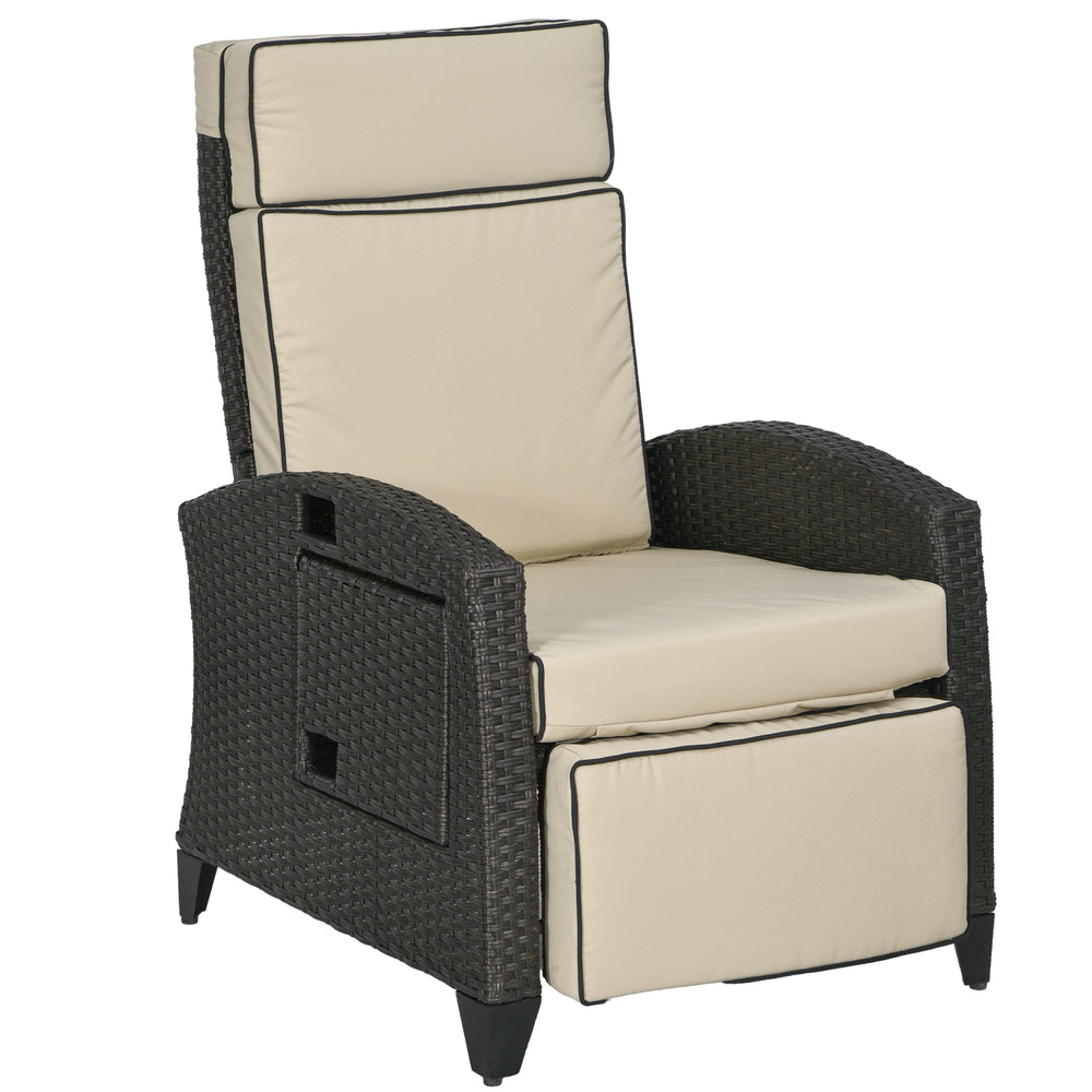 Outdoor Recliner Chair with Adjustable Backrest and Footrest, Cushion, Side Tray, Brown