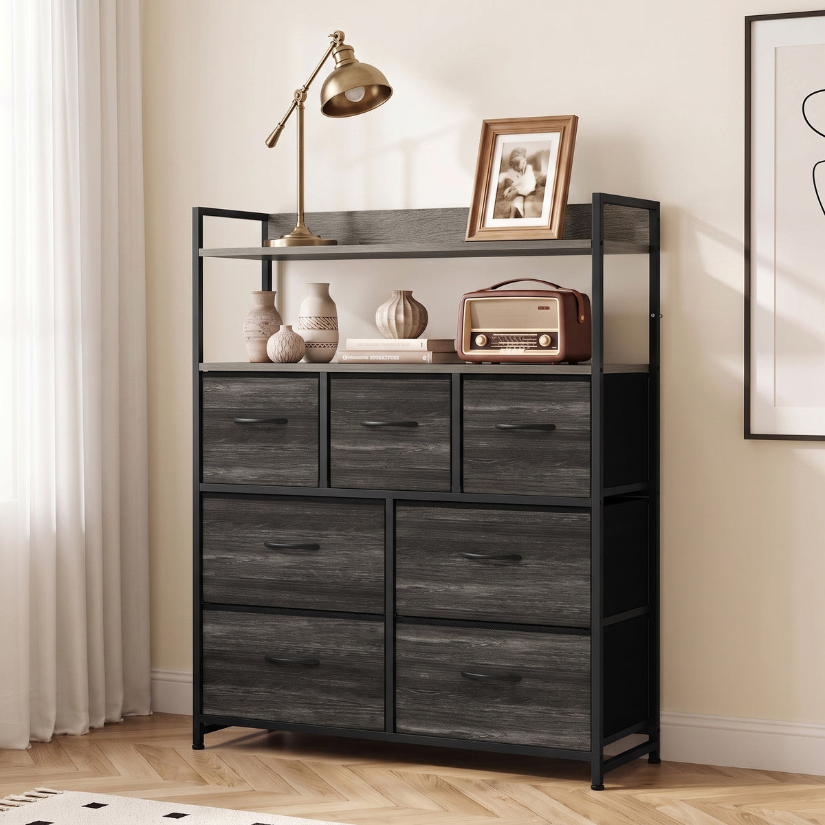 7-Drawer Fabric Chest with 2 Shelves and Steel Frame - Grey Wood Effect