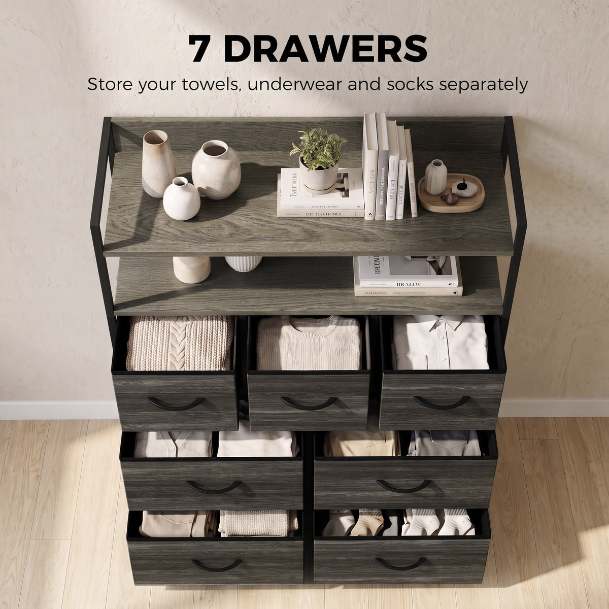 7-Drawer Fabric Chest with 2 Shelves and Steel Frame - Grey Wood Effect