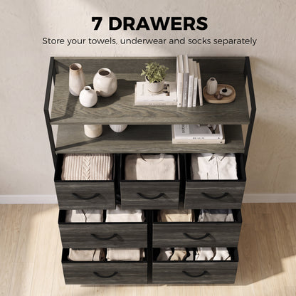 7-Drawer Fabric Chest with 2 Shelves and Steel Frame - Grey Wood Effect