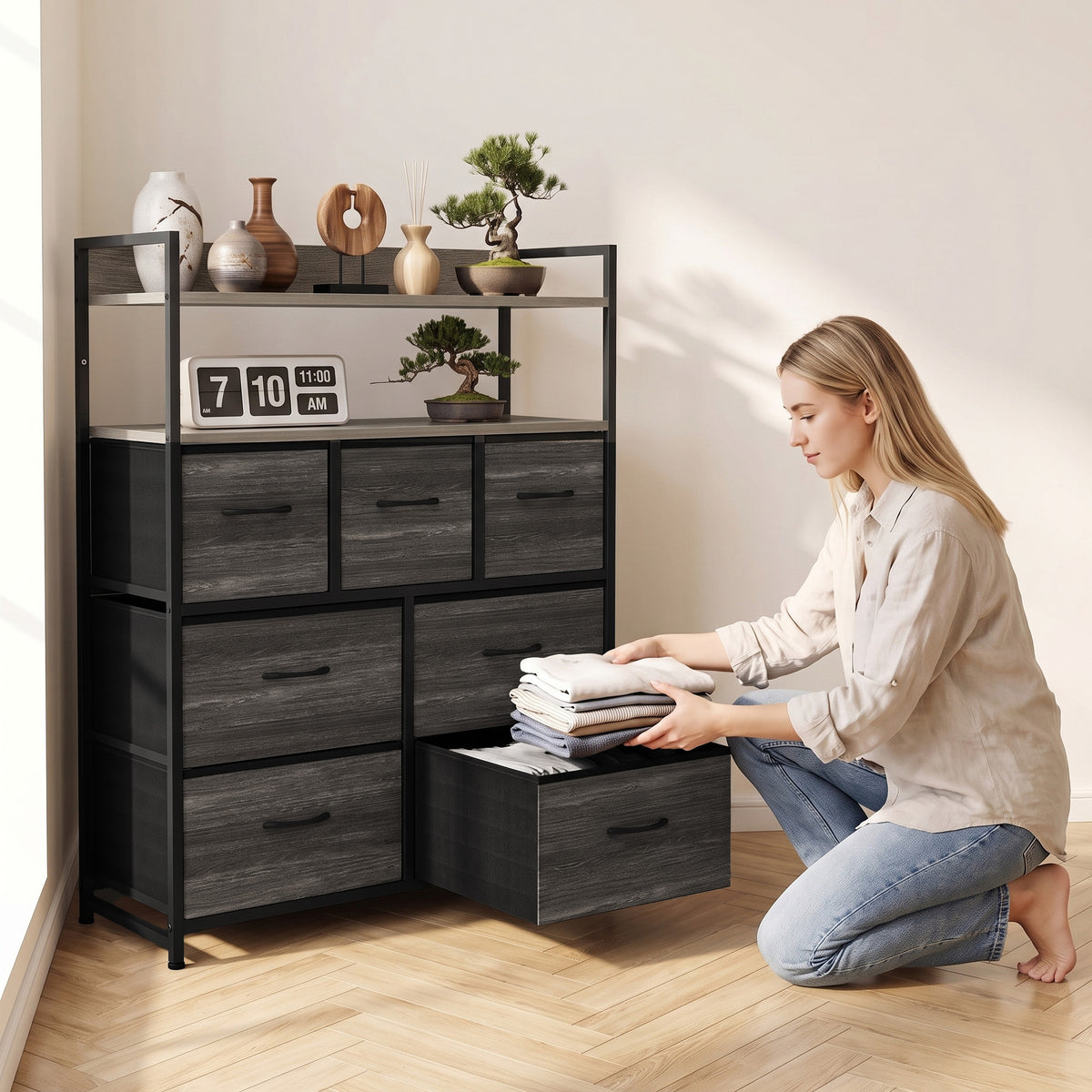 7-Drawer Fabric Chest with 2 Shelves and Steel Frame - Grey Wood Effect