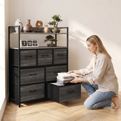 7-Drawer Fabric Chest with 2 Shelves and Steel Frame - Grey Wood Effect