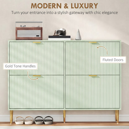Narrow Shoe Cabinet with 4 Flip Drawers, Modern Slim Shoe Storage Cabinet with Fluted Doors and Adjustable Shelves for Hallway, Holds 10-20 Pairs, Light Green