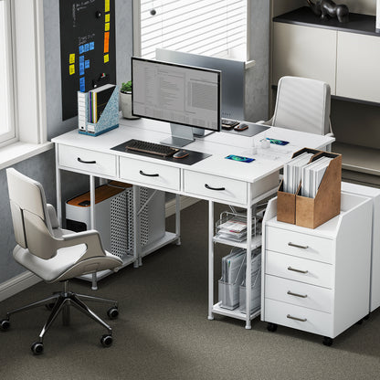 Computer Writing Desk with Power Outlets, Drawers, Shelves, White