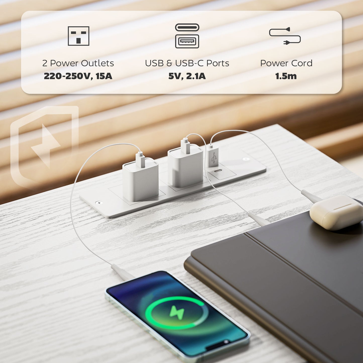 Computer Writing Desk with Power Outlets, Drawers, Shelves, White