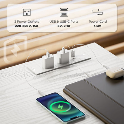 Computer Writing Desk with Power Outlets, Drawers, Shelves, White