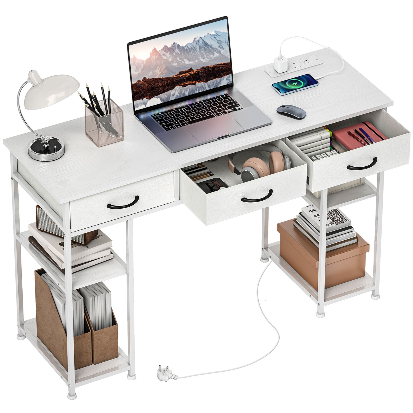 Computer Writing Desk with Power Outlets, Drawers, Shelves, White