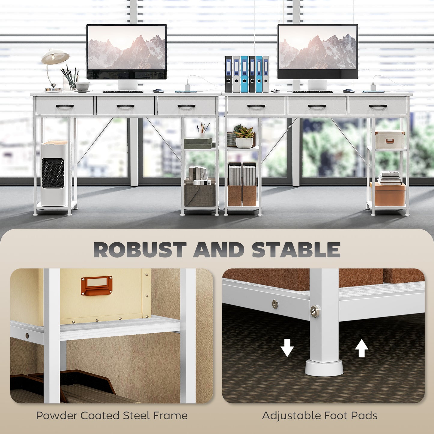 Computer Writing Desk with Power Outlets, Drawers, Shelves, White