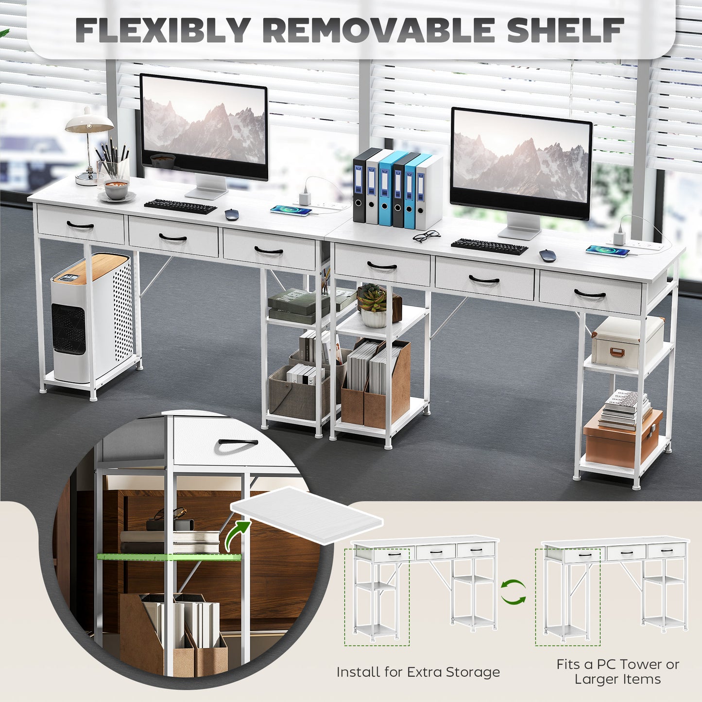 Computer Writing Desk with Power Outlets, Drawers, Shelves, White