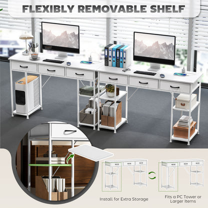 Computer Writing Desk with Power Outlets, Drawers, Shelves, White