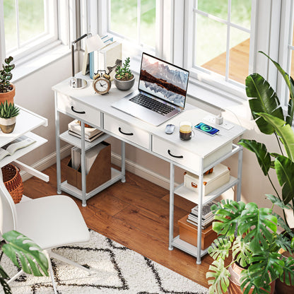Computer Writing Desk with Power Outlets, Drawers, Shelves, White