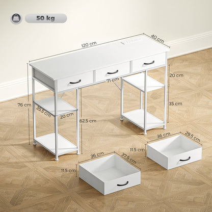 Computer Writing Desk with Power Outlets, Drawers, Shelves, White