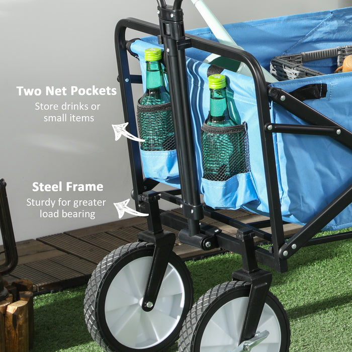 Garden Trolley Cart Folding Cargo Wagon Trailer Trolley for Beach Garden Use with Telescopic Handle - Blue