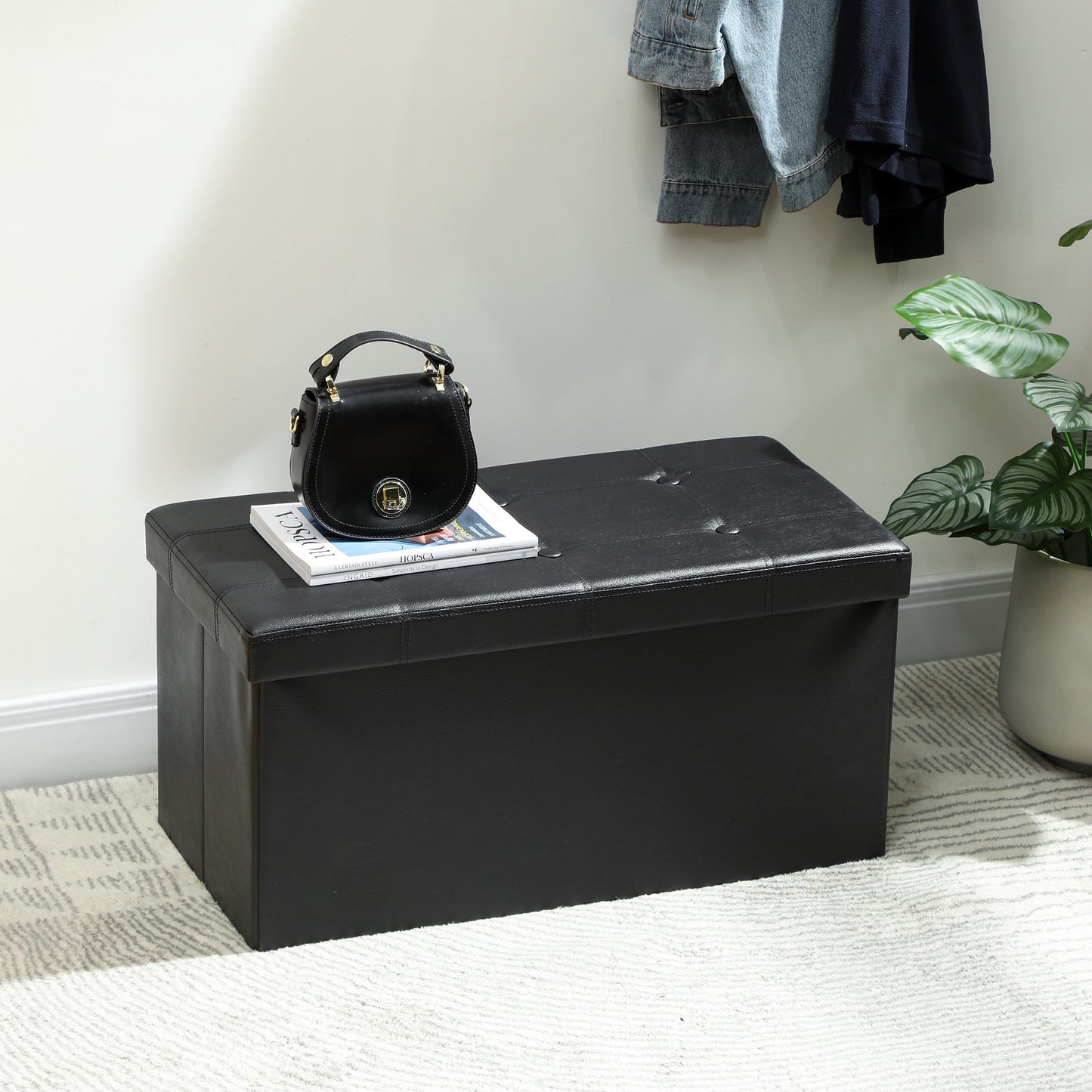 Storage Ottoman Bench, 89L PU Leather Folding Foot Rest, Black