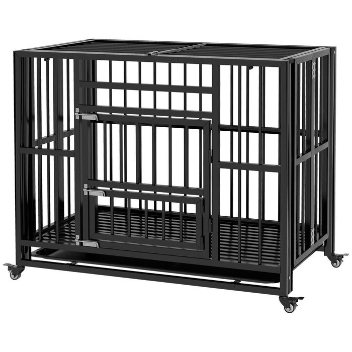 37" Heavy Duty Dog Crate, Foldable Dog Cage, with Openable Top, Locks, Removable Tray, Wheels - Black