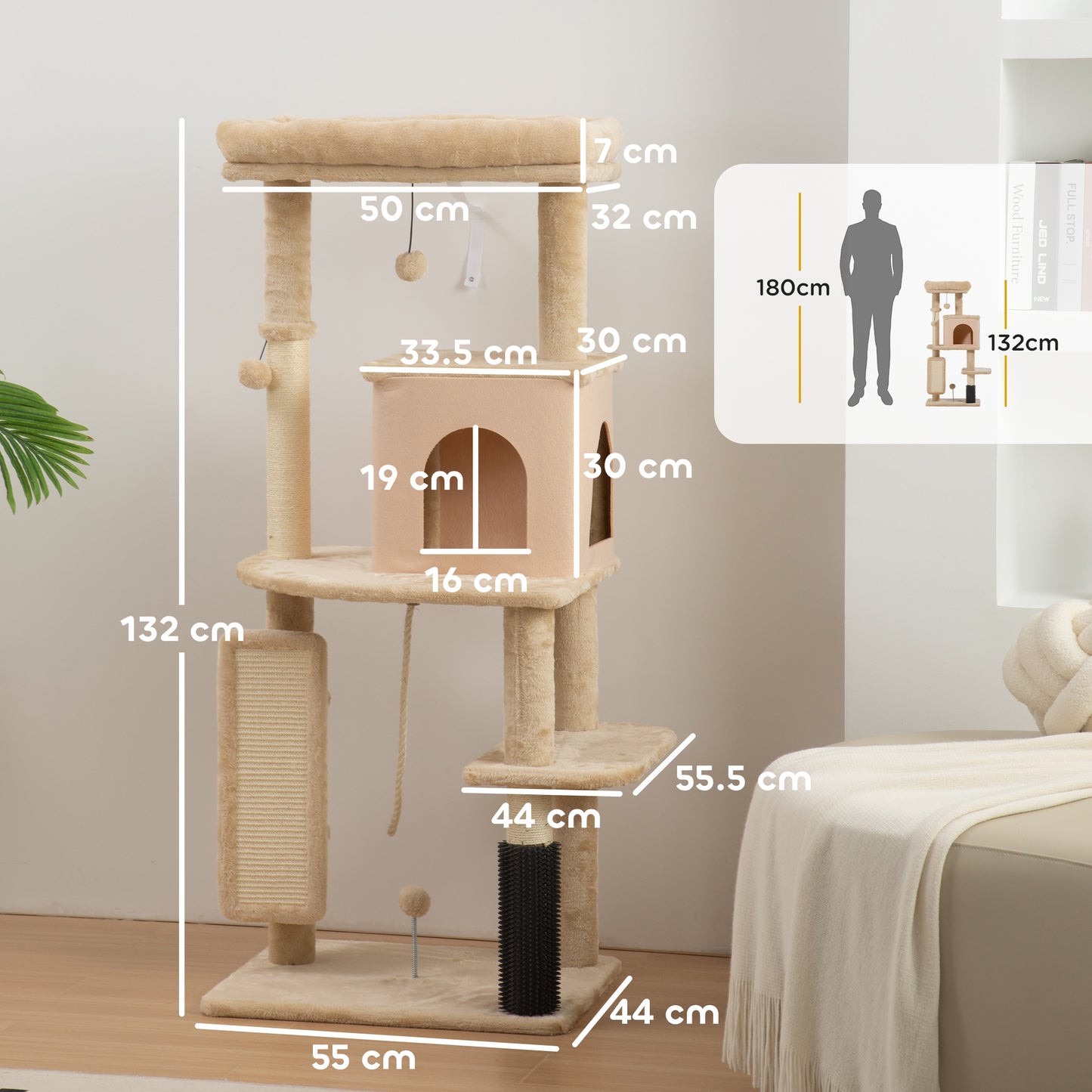 Cat Tree Tower Scratching Post Bed House, 132cm, Beige