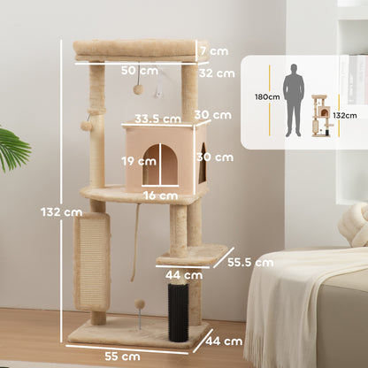 Cat Tree Tower Scratching Post Bed House, 132cm, Beige