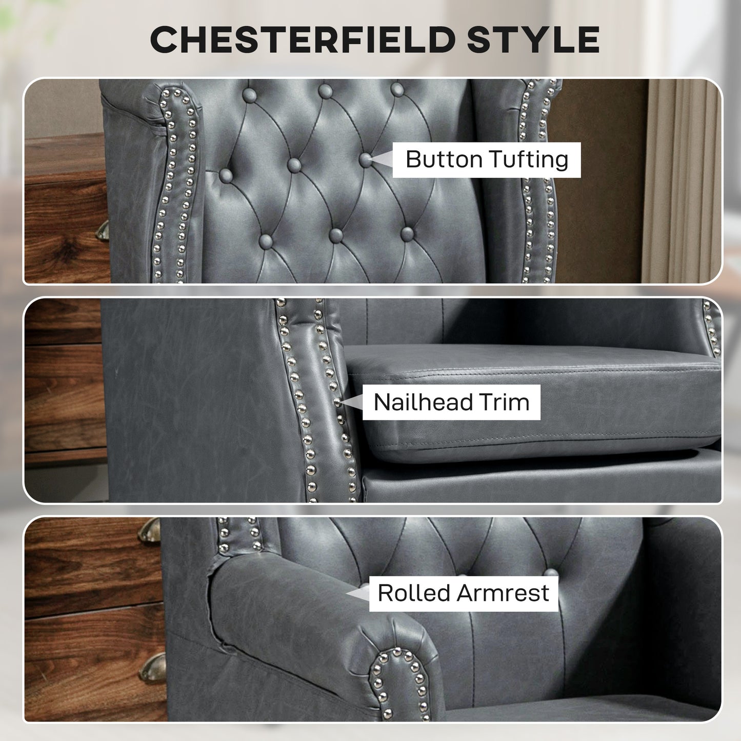 Chesterfield-style Wing Back Armchair Tufted Accent Chair Grey