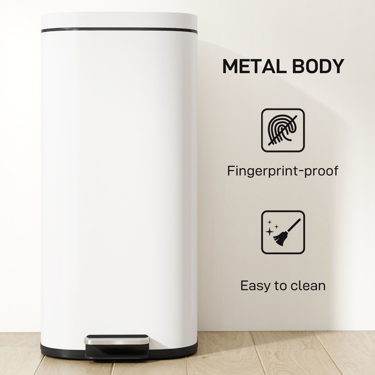 30L Kitchen Bin, Pedal Bin with Lid, Removable Inner Bucket, Cream