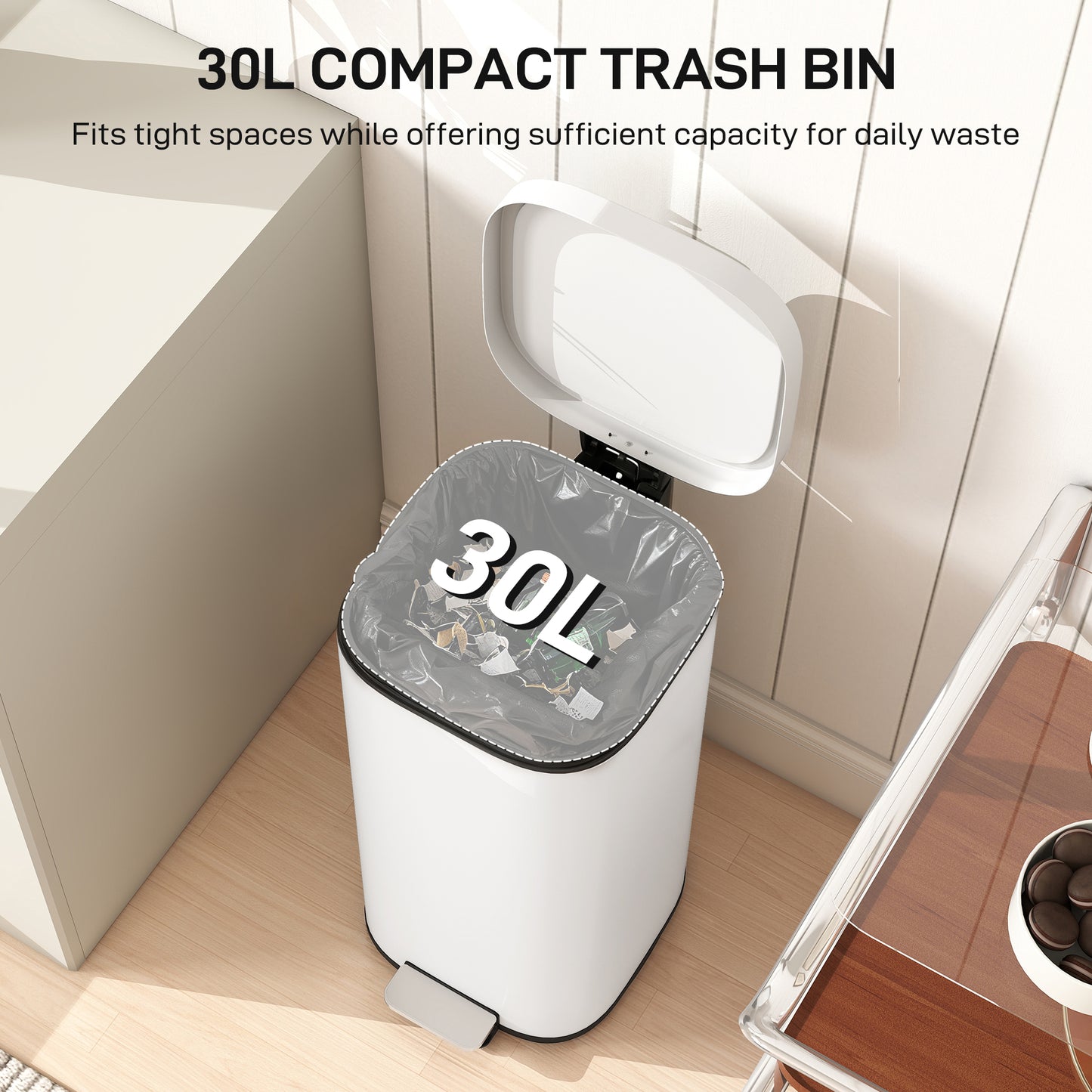 30L Kitchen Bin, Pedal Bin with Lid, Removable Inner Bucket, Cream