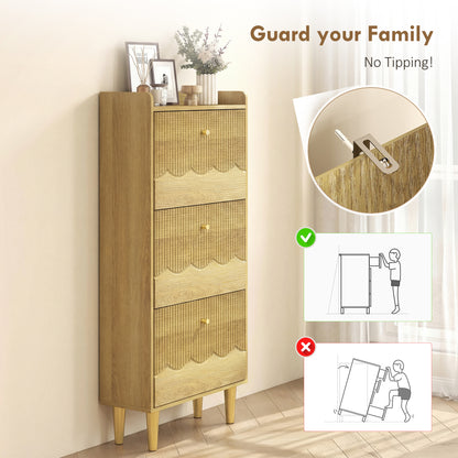 Narrow Shoe Cabinet, Shoe Storage Cabinet with 3 Flip Drawers, Oak