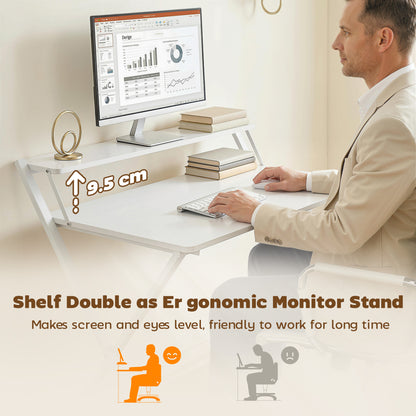Folding Desk with 2-Tier Shelf for Home Office, White
