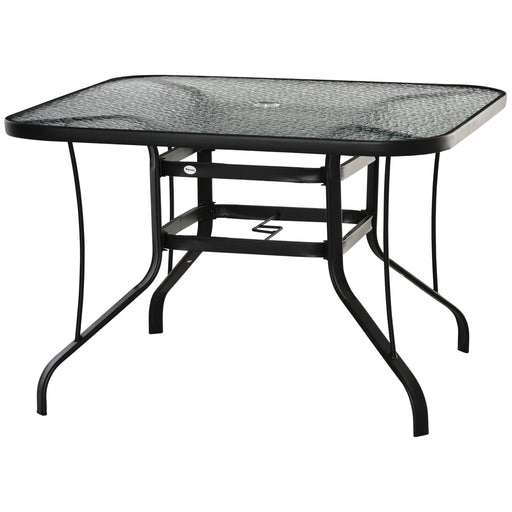 Square Outdoor Garden Dining Table with Parasol Hole, Tempered Glass Top, Steel Frame for Garden, Lawn, Patio, Black