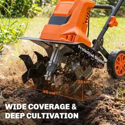 1500W Electric Tiller with 40cm Working Width, 20cm Tilling Depth