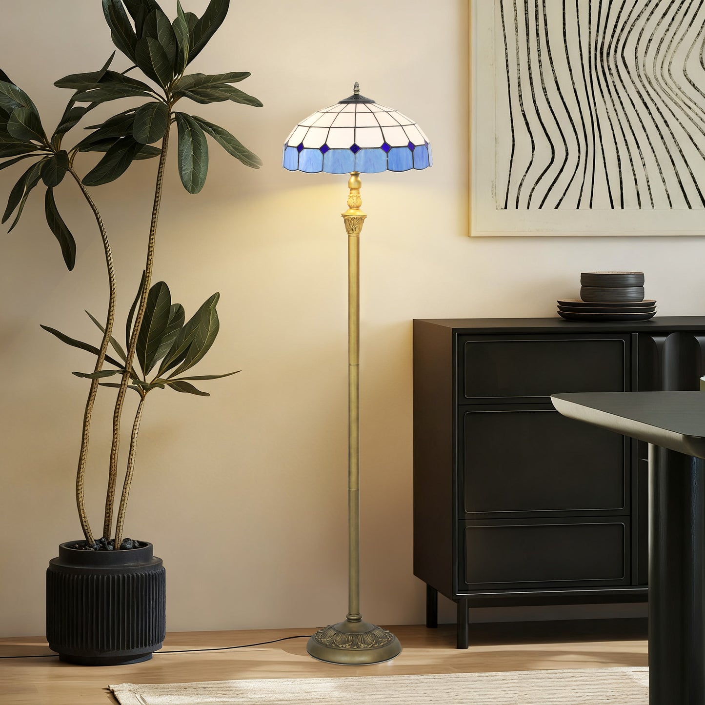 Floor Lamp with Handcrafted Stained Glass Shade, Vintage Standing Lamp, Blue