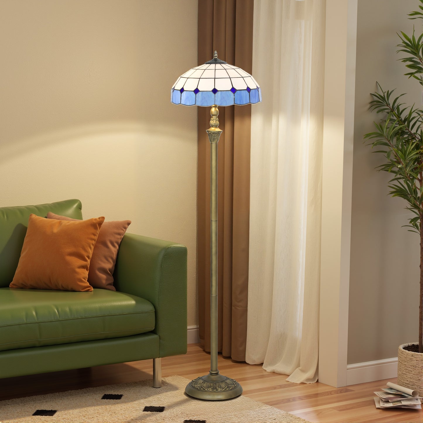Floor Lamp with Handcrafted Stained Glass Shade, Vintage Standing Lamp, Blue