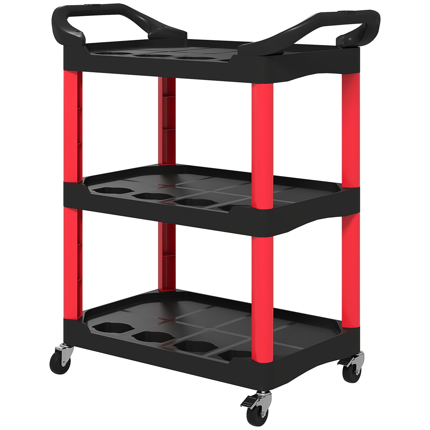 3-Tier Rolling Tool Cart, Tool Trolley on Wheels, Plastic Mobile Service Utility Cart with Handles for Garage, Mechanics and Warehouse, 91kg Capacity, Black and Red