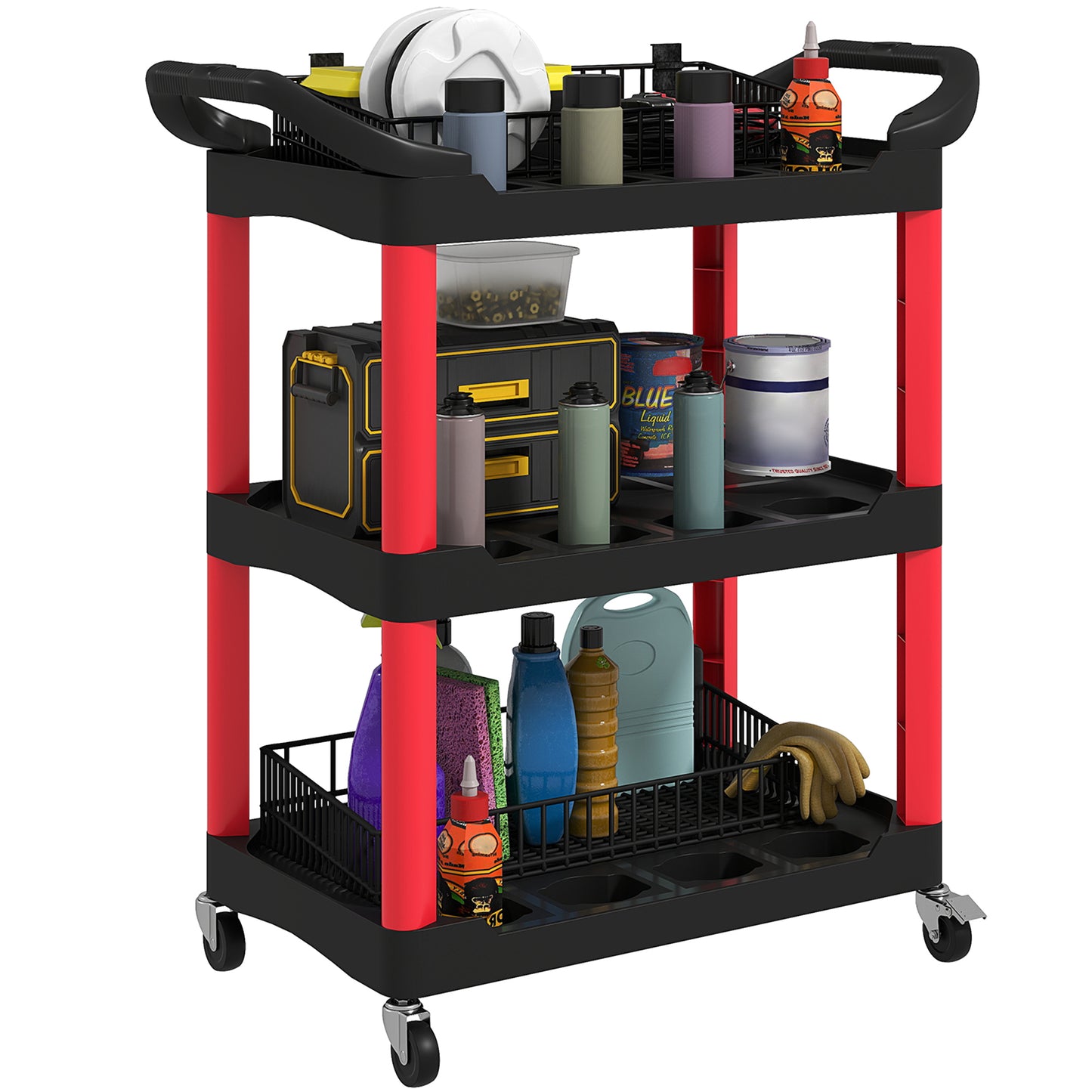 3-Tier Rolling Tool Cart, Tool Trolley on Wheels, Plastic Mobile Service Utility Cart with Handles for Garage, Mechanics and Warehouse, 91kg Capacity, Black and Red