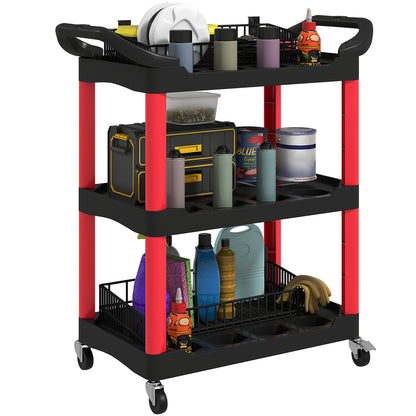 3-Tier Rolling Tool Cart, Tool Trolley on Wheels, Plastic Mobile Service Utility Cart with Handles for Garage, Mechanics and Warehouse, 91kg Capacity, Black and Red