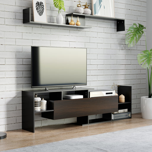 Modern TV Cabinet with Wall Shelf, TV Unit with Storage Shelf and Cabinet, for Wall-Mounted 65" TVs, Living Room Bedroom, Black and Brown