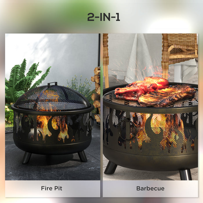 Metal Firepit Bowl Outdoor 2-In-1 Round Fire Pit w/ Lid, Grill, Poker, Handles, Camping, BBQ, Bonfire, Wood Burning Stove, 61.5 x