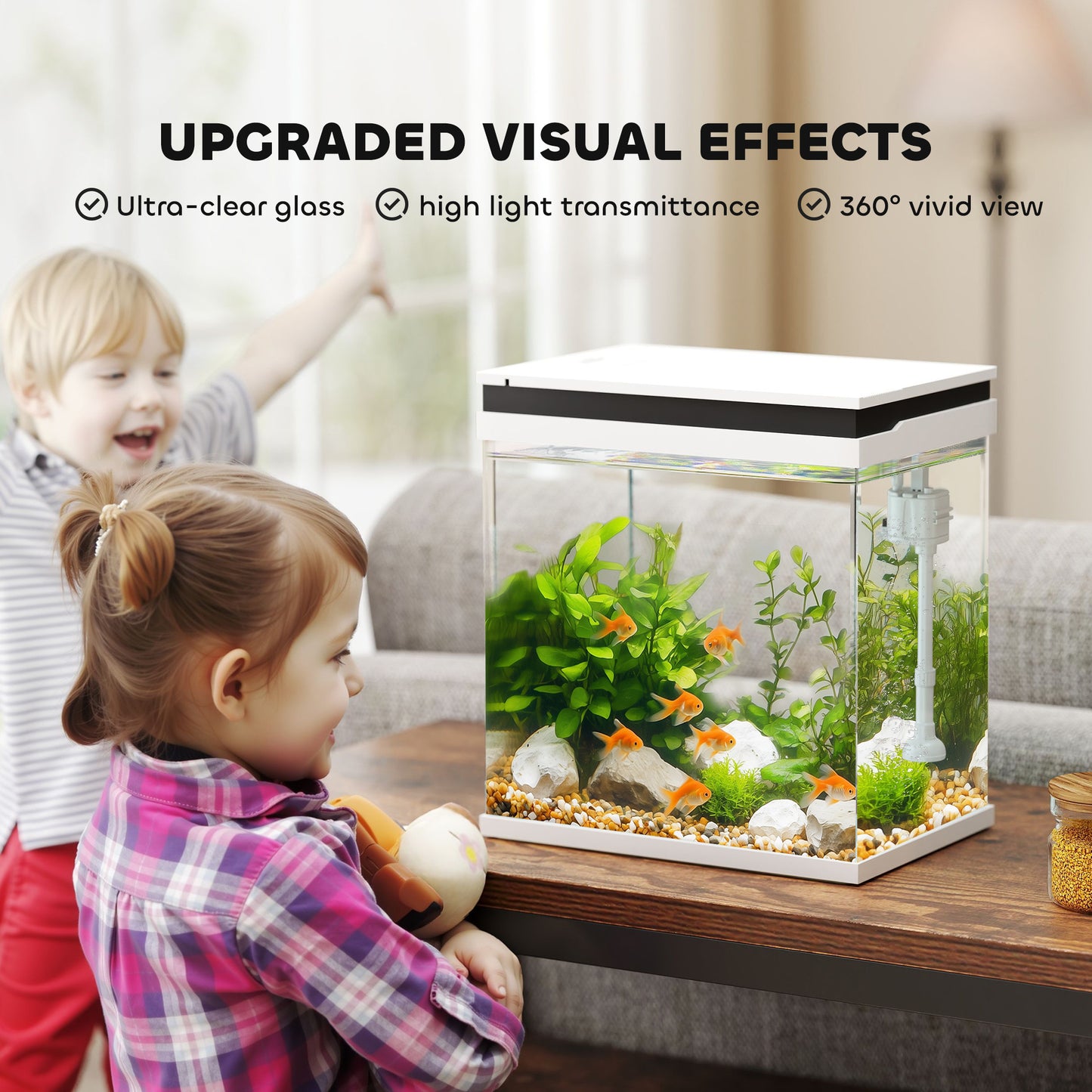 14L Small Fish Tank with Filter System, LED Lights, Water Pump, White