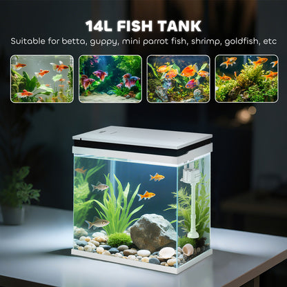 14L Small Fish Tank with Filter System, LED Lights, Water Pump, White