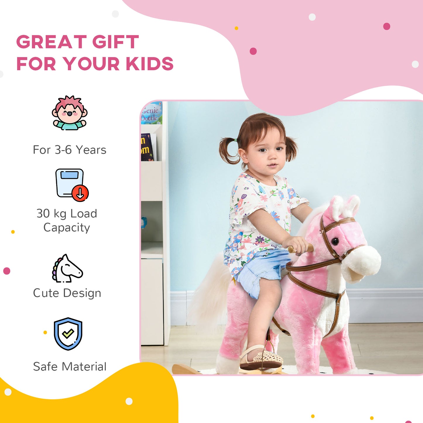 Wooden Ride on Horse, Ride on Pony Gift for Kids 3-6 Years, Pink