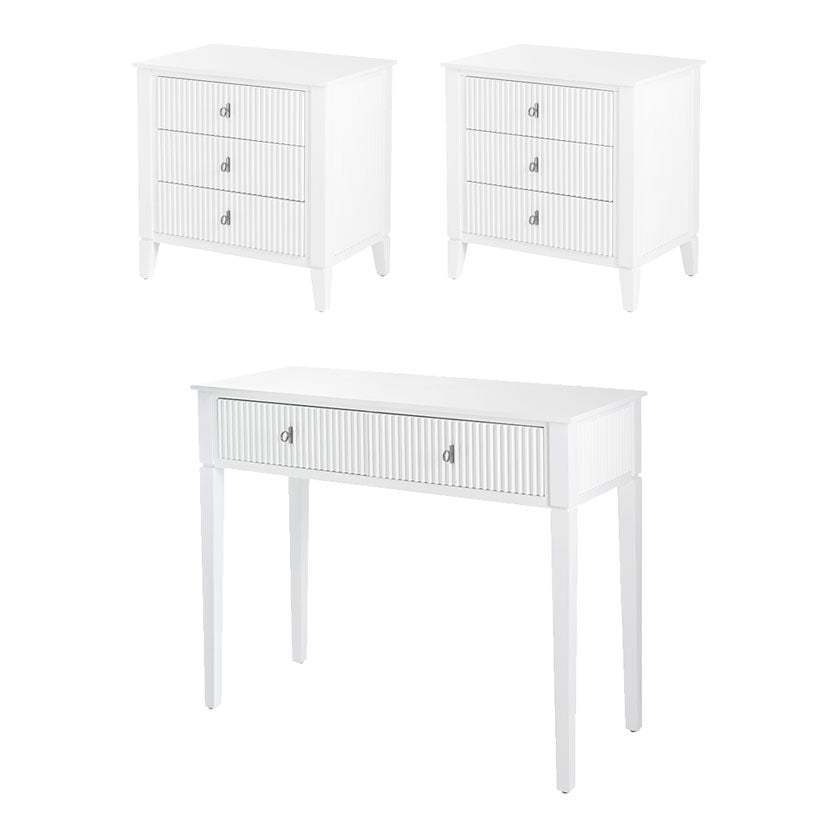Set of 2 Heidi bedside tables and  dressing console -White -Brass/Silver