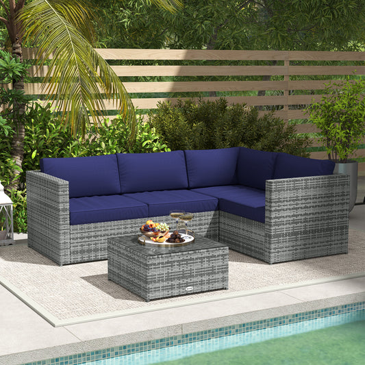 3Pcs Rattan Corner Sofa Set with Coffee Table, Cushion, Blue