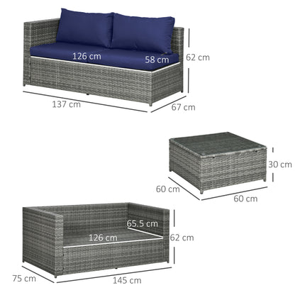 3Pcs Rattan Corner Sofa Set with Coffee Table, Cushion, Blue