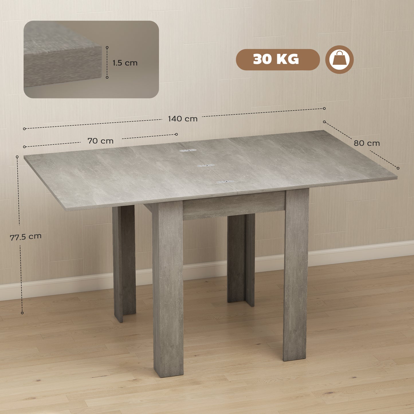 Folding Dining Table for 4-6, Drop Leaf Table for Small Spaces, Grey