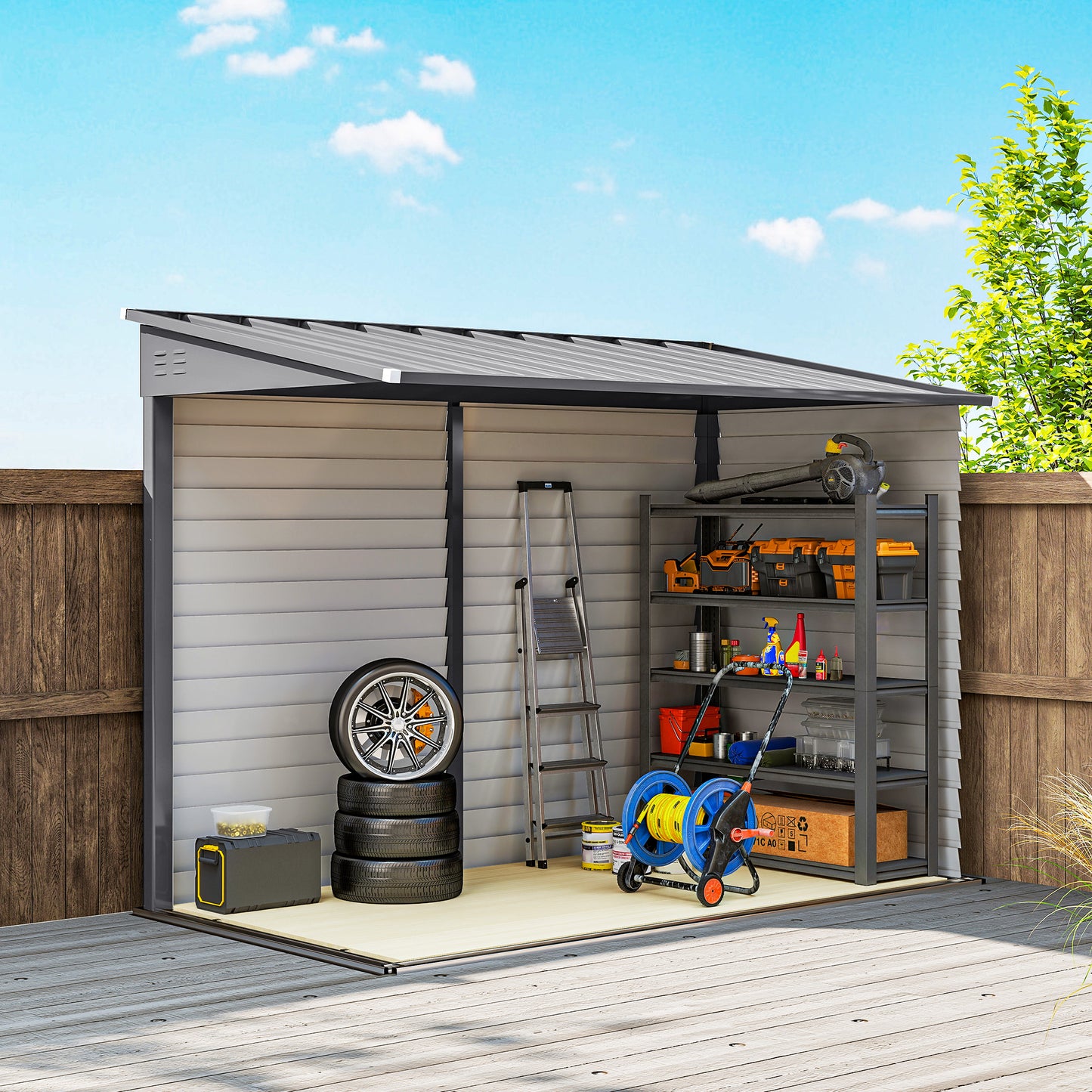5 x 9ft Galvanised Metal Garden Shed with Foundation Kit, Outdoor Lean-to Shed, Tool Storage House with Lockable Doors, Gloves and 2 Air Vents for Patio, Garden, Grey