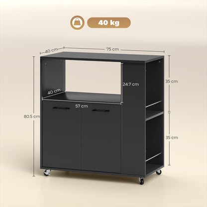 Kitchen Island on Wheels with 2-Door Cabinet and Spice Rack, Black