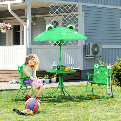 Kids Folding Picnic Table and Chair Set Frog Pattern with Removable & Height Adjustable Sun Umbrella, Green