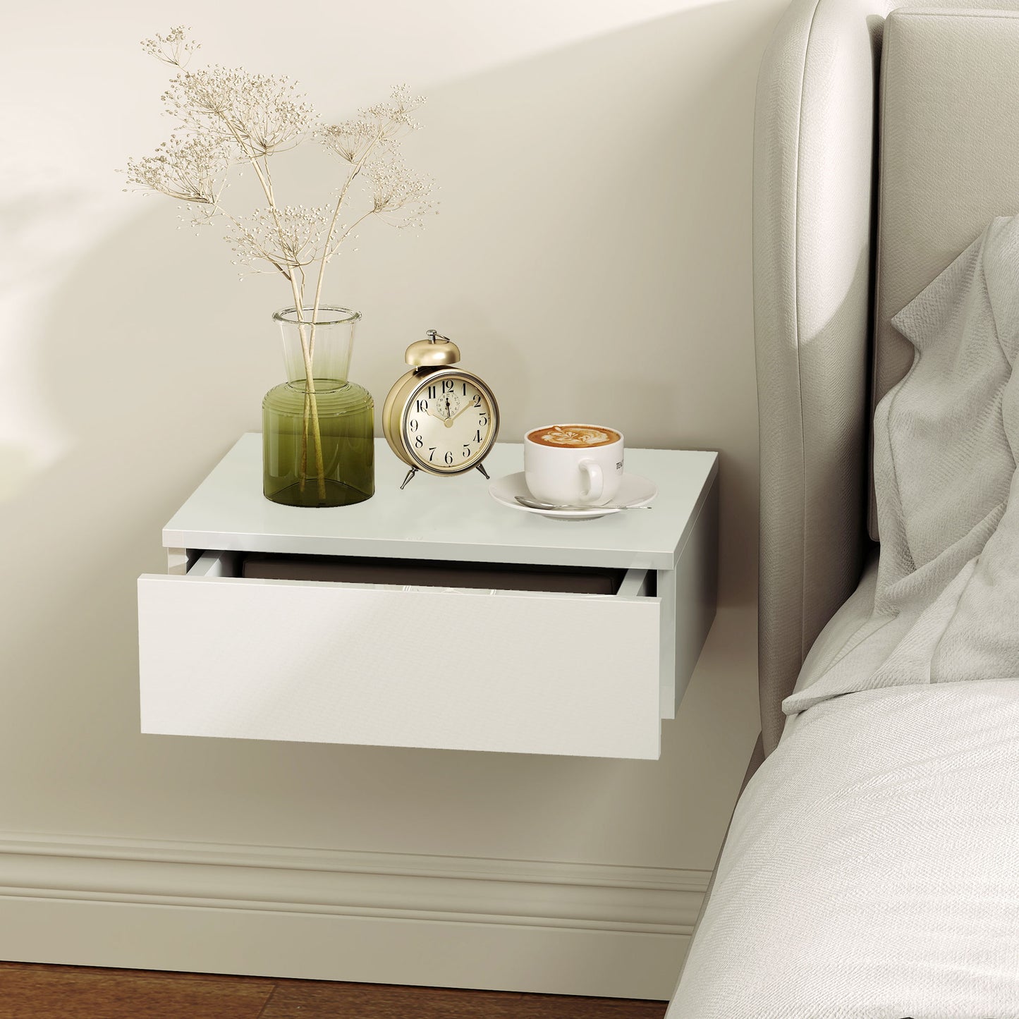 Wall Mounted Bedside Table with High Gloss Finish and Storage Drawer
