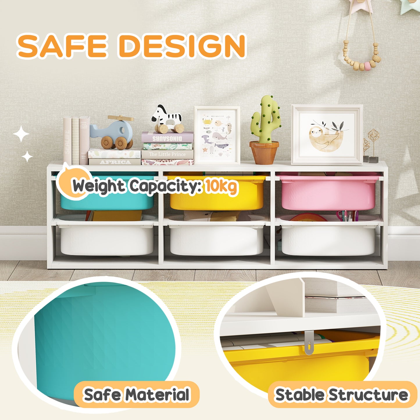 2 Tiers Toy Storage Organiser with 6 Plastic Bins, Low Height